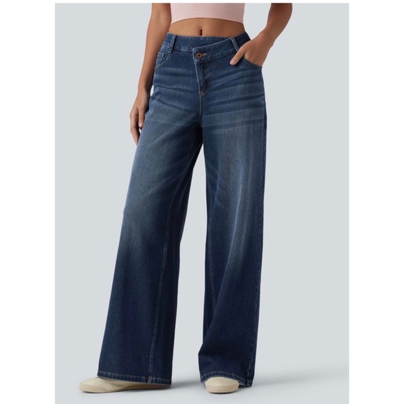 HALARA Denim - Halara Flex Asymmetric Crisscross Waist Wide Leg Denim Jeans Medium Wash Size M